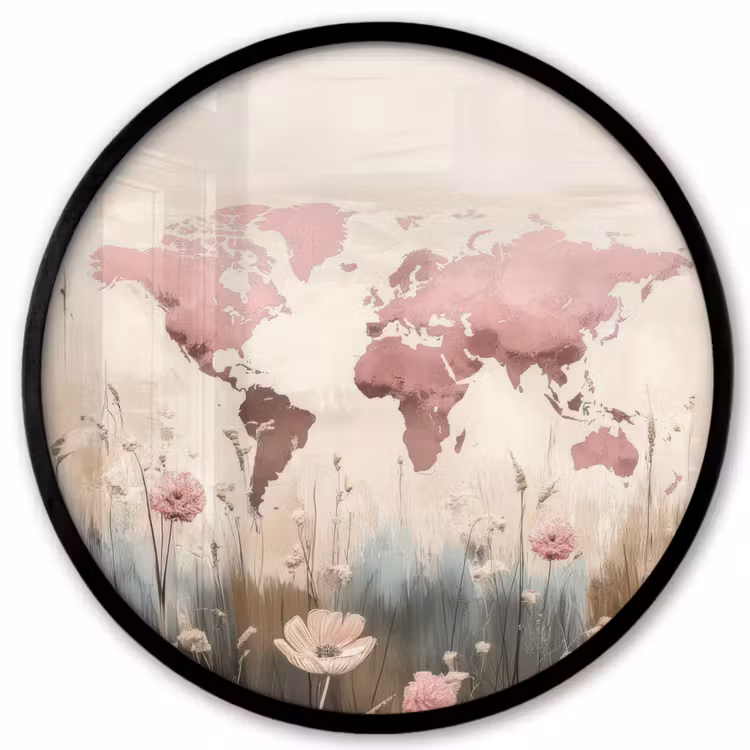 Wereldkaart - Roze - Bloemen Fotolijst rond zonder passe partout klein -3d