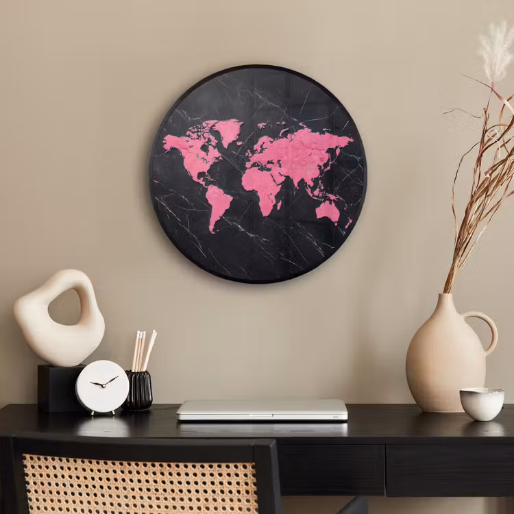 Wereldkaart - Roze - Marmer Fotolijst rond zonder passe partout klein -sfeer1