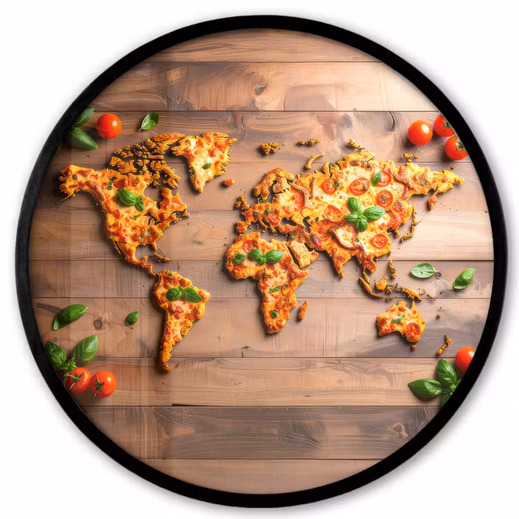 Wereldkaart - Pizza - Houten ondergrond Fotolijst rond zonder passe partout klein -3d