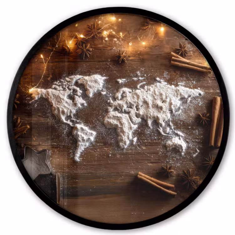 Wereldkaart - Poedersuiker - Hout Fotolijst rond zonder passe partout klein -3d