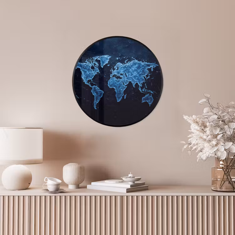 Wereldkaart - Waterstructuur - Blauw Fotolijst rond zonder passe partout klein -sfeer3