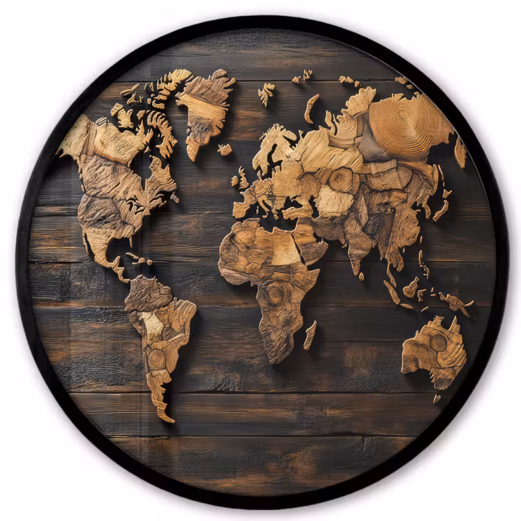 Wereldkaart -  Hout - Mozaïek Fotolijst rond zonder passe partout klein -3d