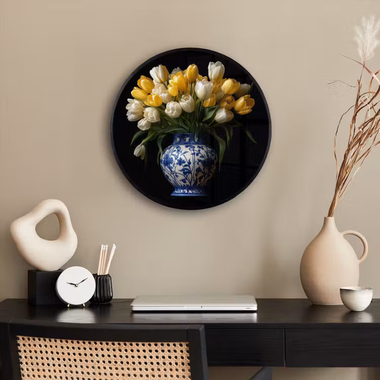 Geel - Tulpen - Vaas - Bloemen Fotolijst rond zonder passe partout klein -sfeer1