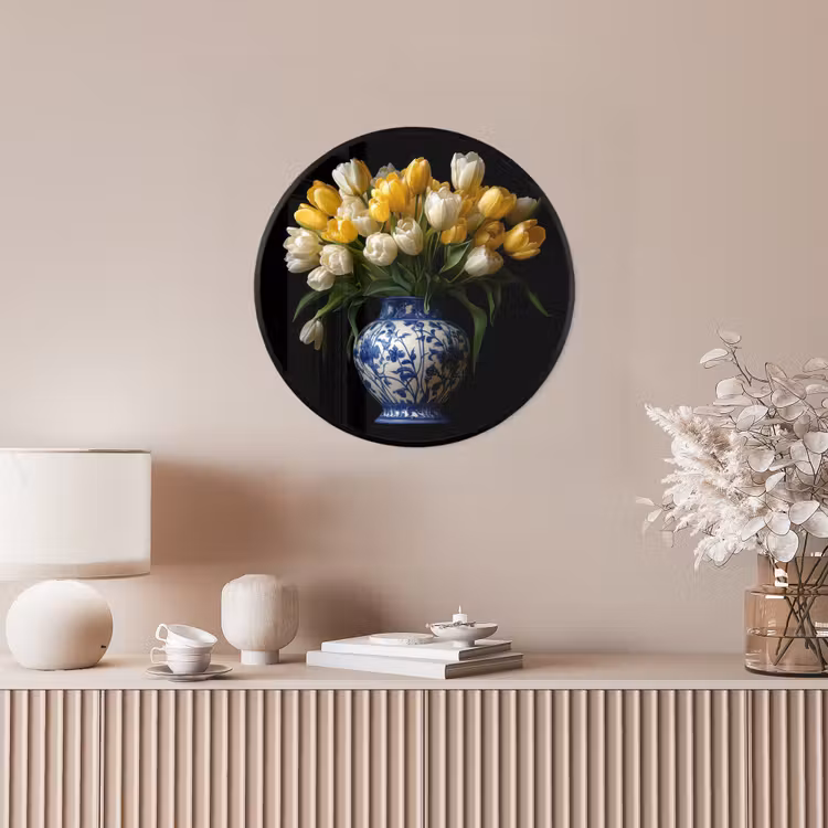 Geel - Tulpen - Vaas - Bloemen Fotolijst rond zonder passe partout klein -sfeer3