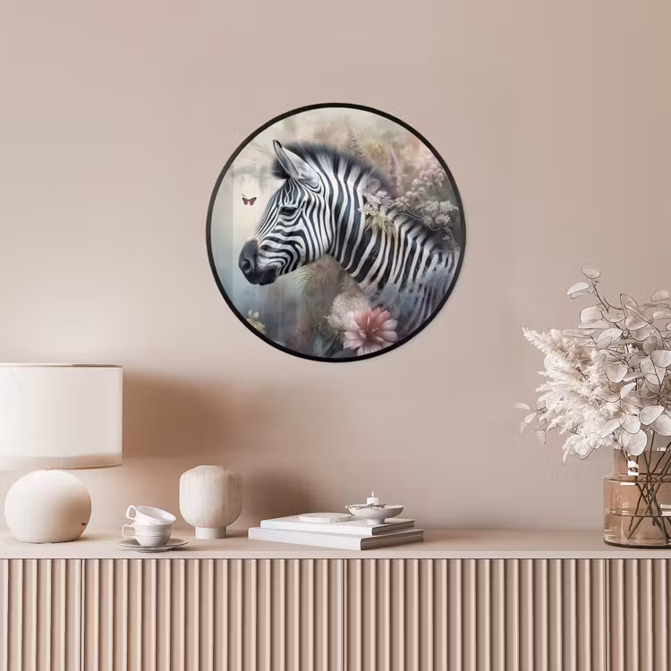 Zebra - Wilde dieren - Vlinder - Bloemen Fotolijst rond zonder passe partout klein -sfeer3