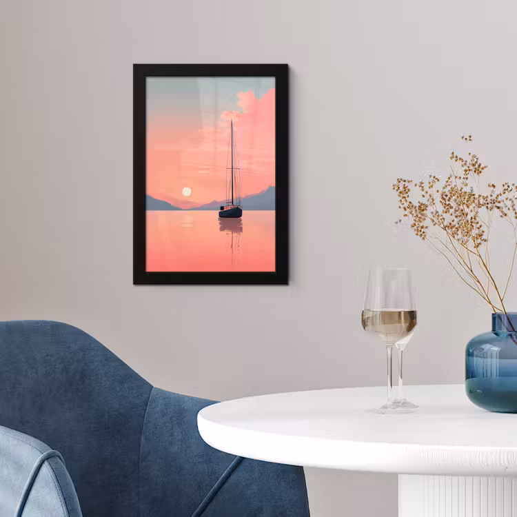 Zeilboot - Roze zee - Zonsondergang - Bergen fotolijst zwart zonder passe partout klein -sfeer4