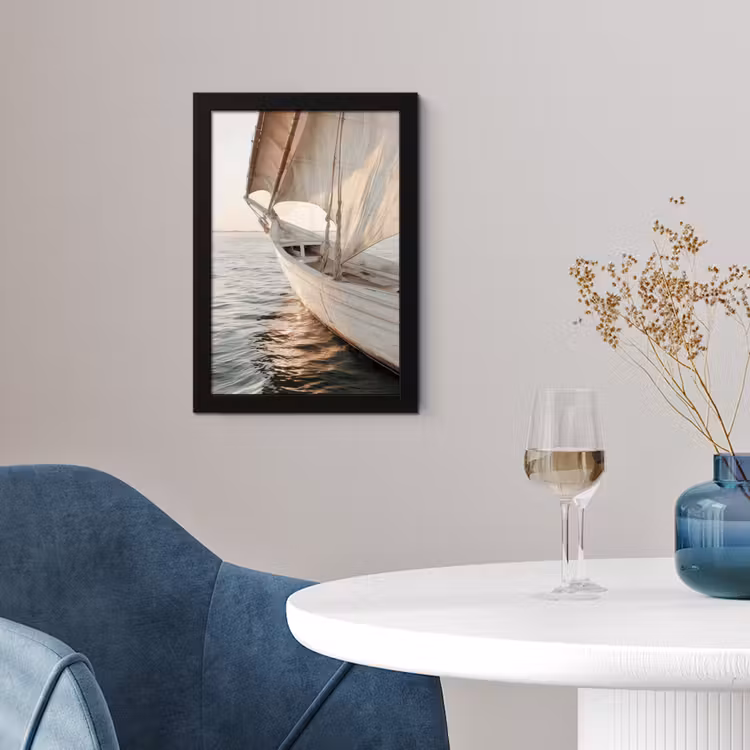 Zeilboot - Zee - Beige - Zon fotolijst zwart zonder passe partout klein -sfeer4