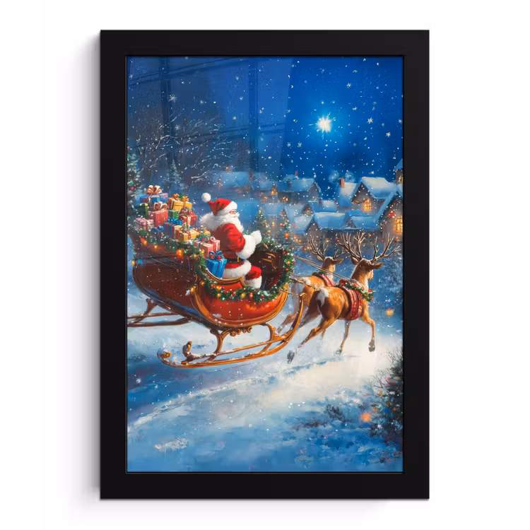 Kerstman - Rendier - Kerst - Sneeuw fotolijst zwart zonder passe partout klein -3d