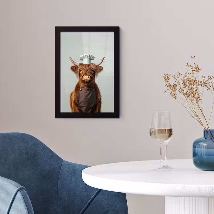 Schotse Hooglander - Bruin - Hoorns - Kokskleding fotolijst zwart zonder passe partout klein -sfeer4