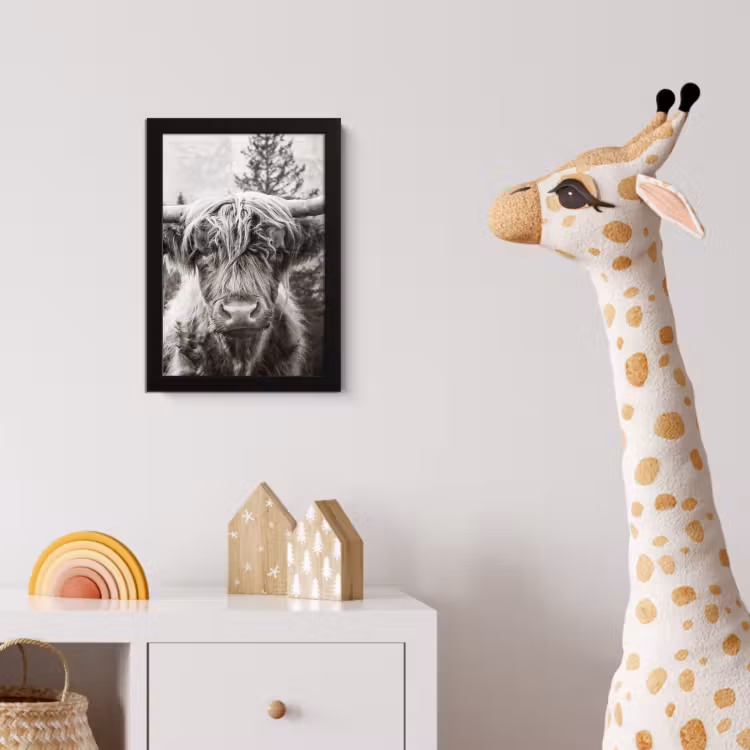 Schotse hooglander - Koe - Dieren - Zwart - Wit fotolijst zwart zonder passe partout klein -usfeer4_kinderkamer