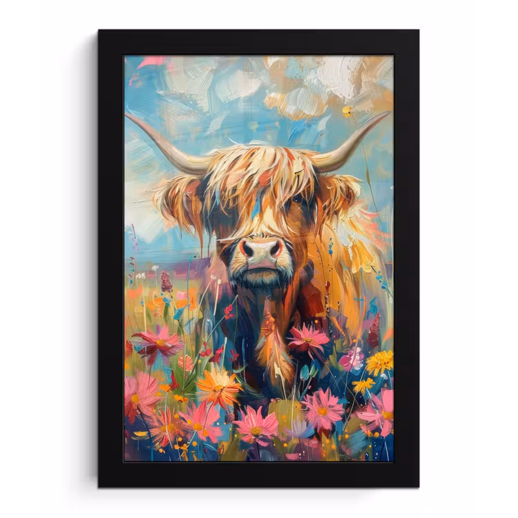 Schotse hooglander - Natuur - Kleurrijk - Bloemen fotolijst zwart zonder passe partout klein -3d