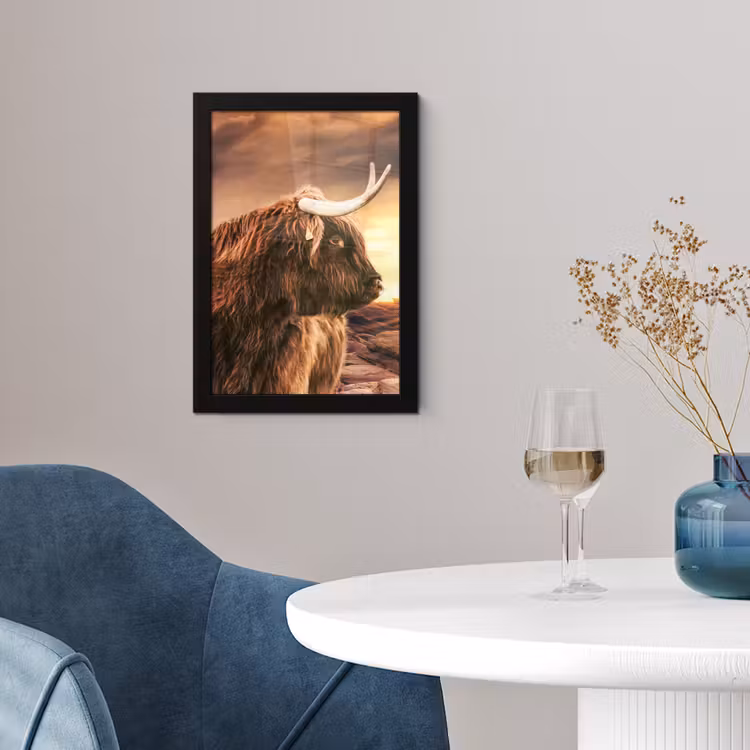 Schotse hooglander - Zon - Horizon - Koe - Dieren fotolijst zwart zonder passe partout klein -sfeer4