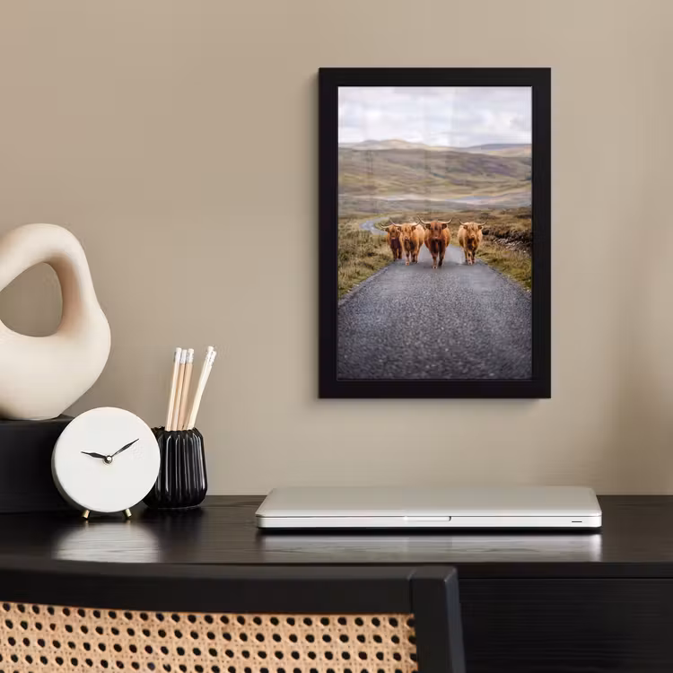 Schotse Hooglanders - Weg - Landschap - Kudde fotolijst zwart zonder passe partout klein -sfeer1