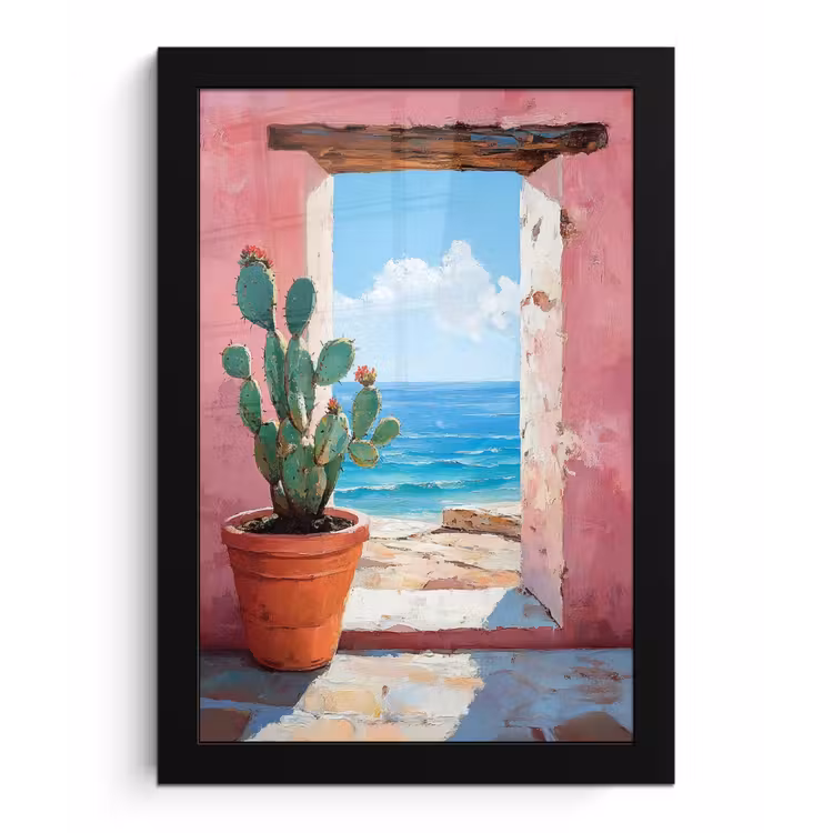 Zee - Roze - Cactus fotolijst zwart zonder passe partout klein -3d