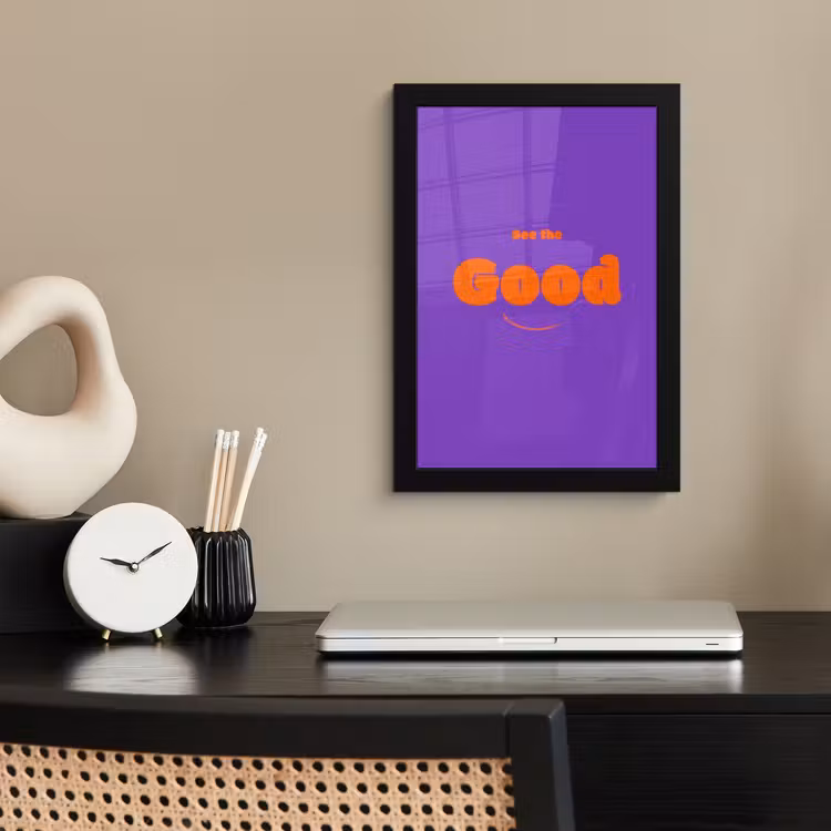 See the good - Oranje - Paars - Smiley fotolijst zwart zonder passe partout klein -sfeer1