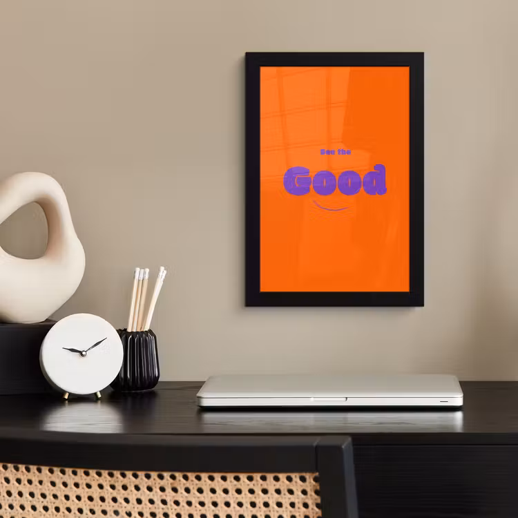 See the good - Paars - Oranje - Smiley fotolijst zwart zonder passe partout klein -sfeer1