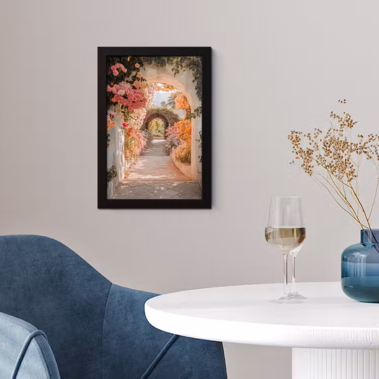 Doorkijk - Boog - Bloemen - Pastel fotolijst zwart zonder passe partout klein -sfeer4