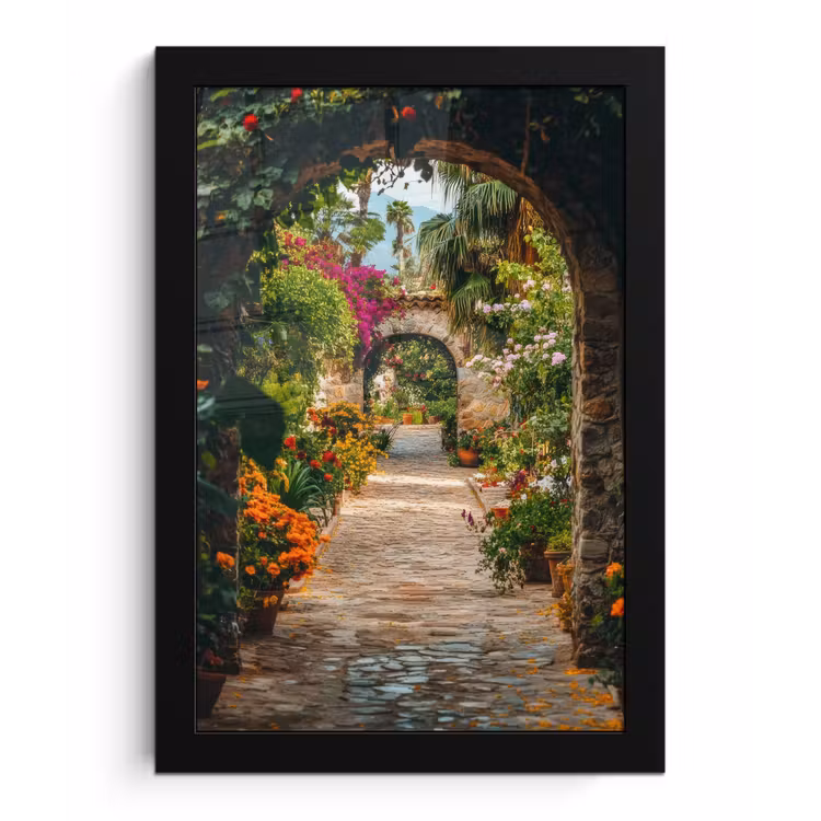Doorkijk - Bloemen - Poort - Stenen fotolijst zwart zonder passe partout klein -3d