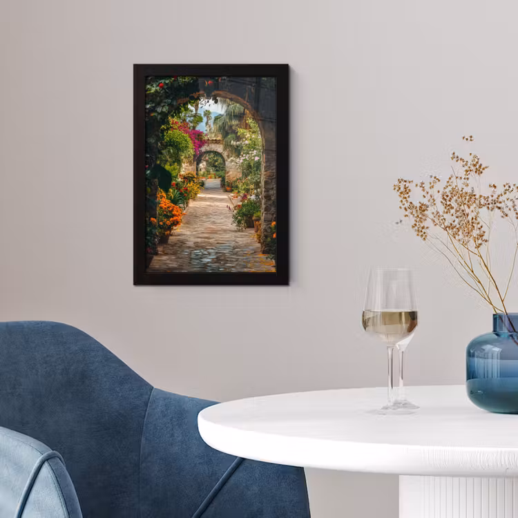Doorkijk - Bloemen - Poort - Stenen fotolijst zwart zonder passe partout klein -sfeer4