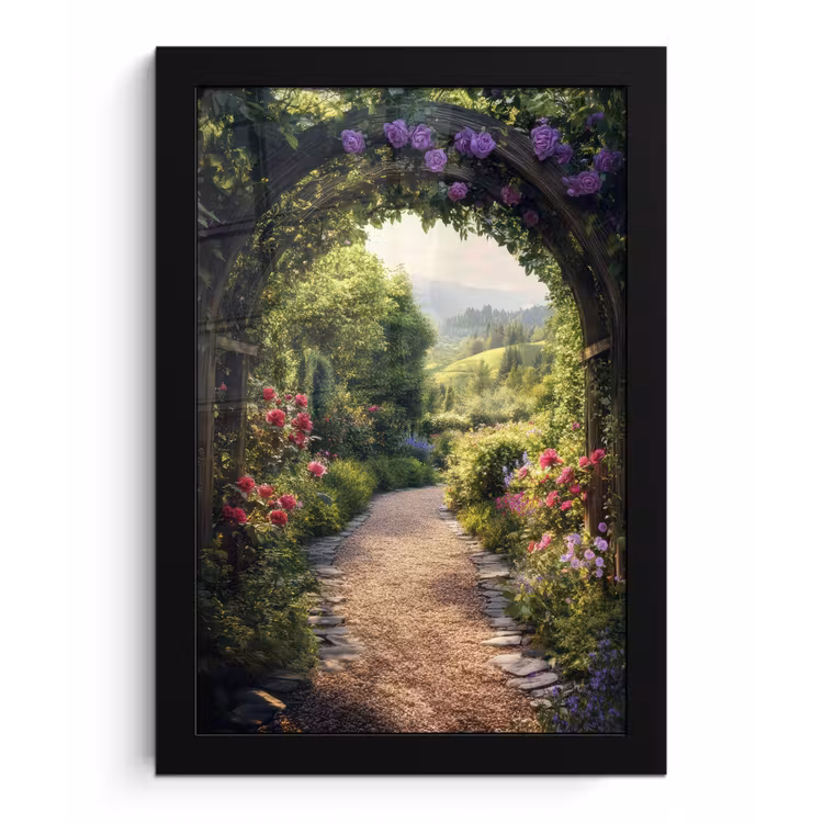 Doorkijk - Landschap - Bloemen - Tuinboog - Natuur fotolijst zwart zonder passe partout klein -3d