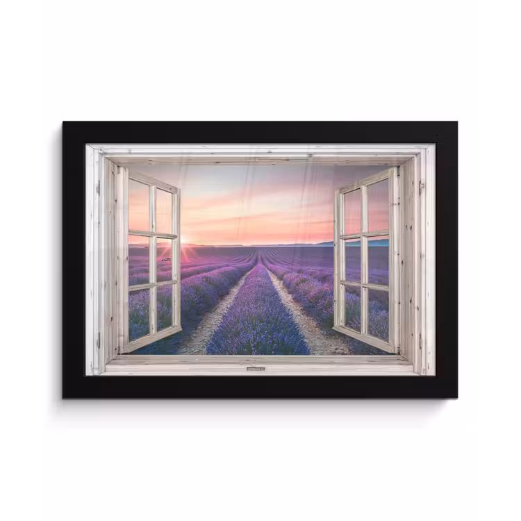 Doorkijk - Lavendel - Bloemen - Hout - Zonsondergang - Paars fotolijst zwart zonder passe partout klein -3d