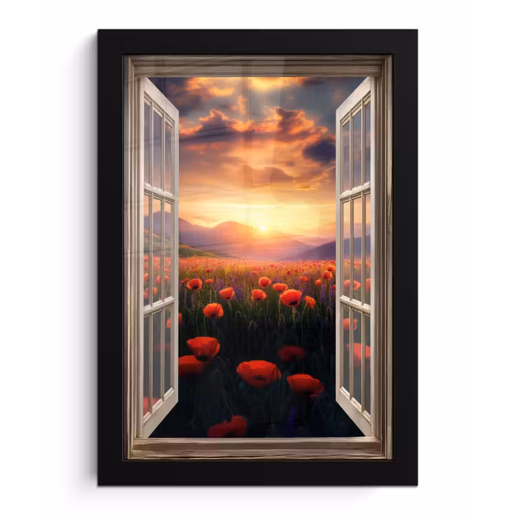Doorkijk - Klaprozen - Bloemen - Rood - Open raam fotolijst zwart zonder passe partout klein -3d