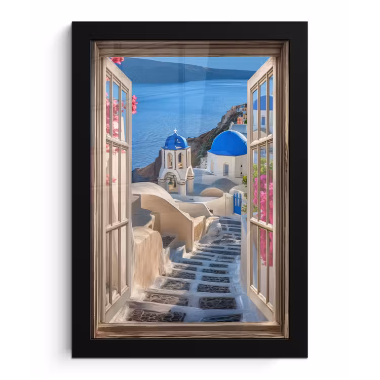 Doorkijk - Santorini - Landschap - Blauw - Grieks fotolijst zwart zonder passe partout klein -3d
