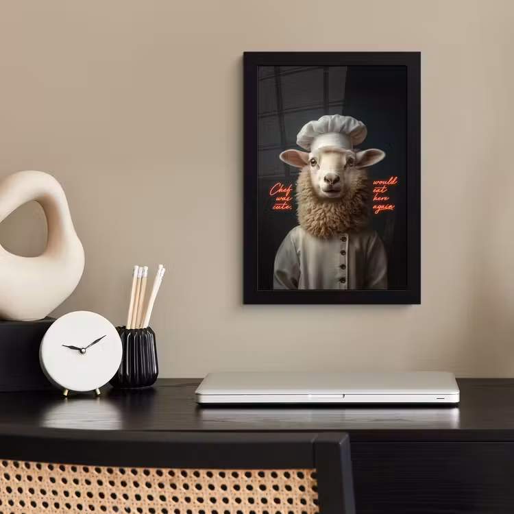 Schaap - Kokskleding - Neon - Quote fotolijst zwart zonder passe partout klein -sfeer1