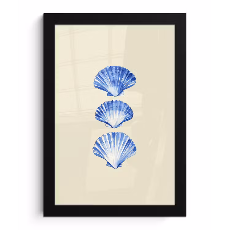 Schelpen - Blauw - Beige fotolijst zwart zonder passe partout klein -3d