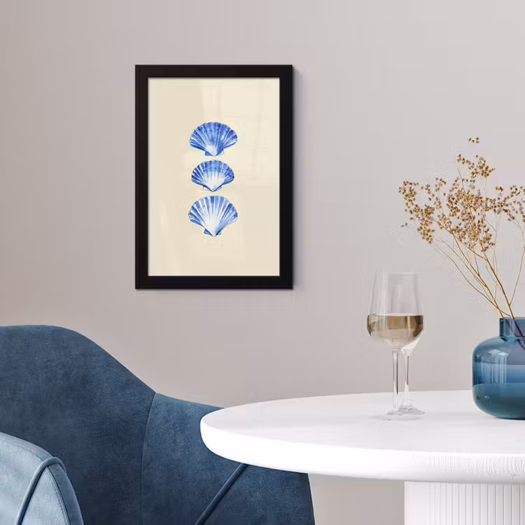 Schelpen - Blauw - Beige fotolijst zwart zonder passe partout klein -sfeer4