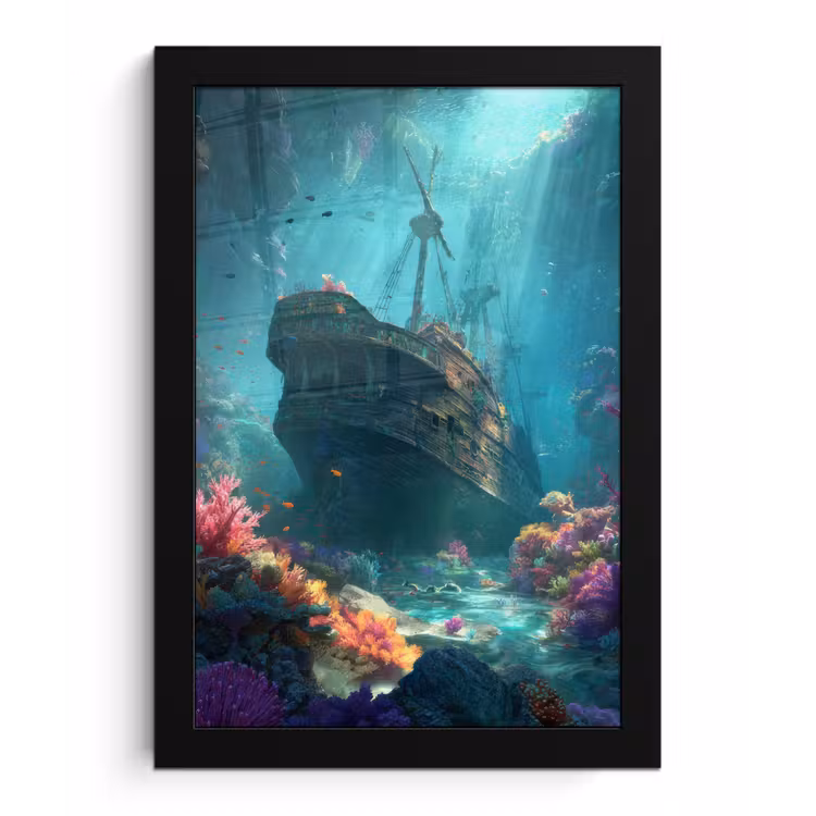 Schip - Hout - Koraalriffen - Zonlicht fotolijst zwart zonder passe partout klein -3d