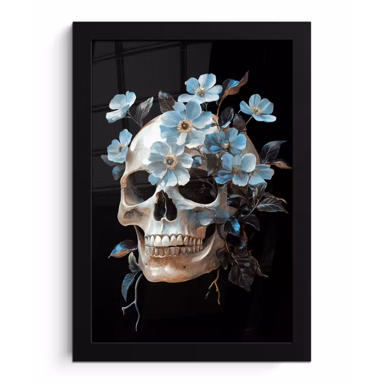 Schedel - Blauw - Bloemen - Bladeren fotolijst zwart zonder passe partout klein -3d