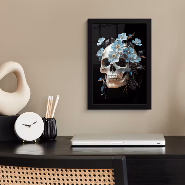 Schedel - Blauw - Bloemen - Bladeren fotolijst zwart zonder passe partout klein -sfeer1