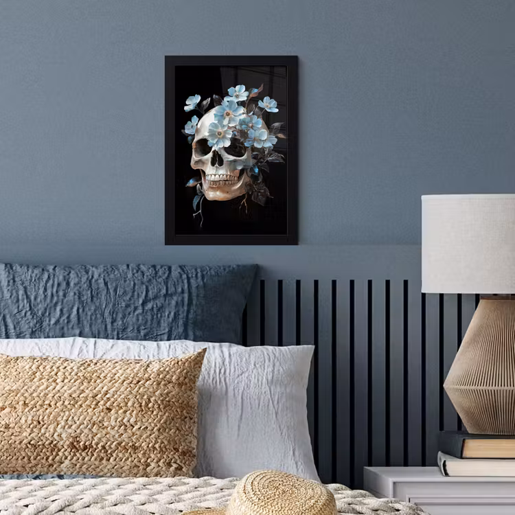 Schedel - Blauw - Bloemen - Bladeren fotolijst zwart zonder passe partout klein -sfeer3