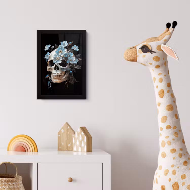 Schedel - Blauw - Bloemen - Bladeren fotolijst zwart zonder passe partout klein -usfeer4_kinderkamer