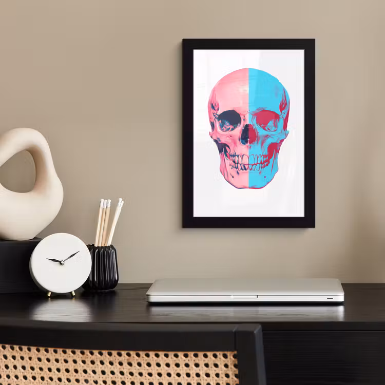 Schedel - Grafisch - Roze - Verdeeld fotolijst zwart zonder passe partout klein -sfeer1