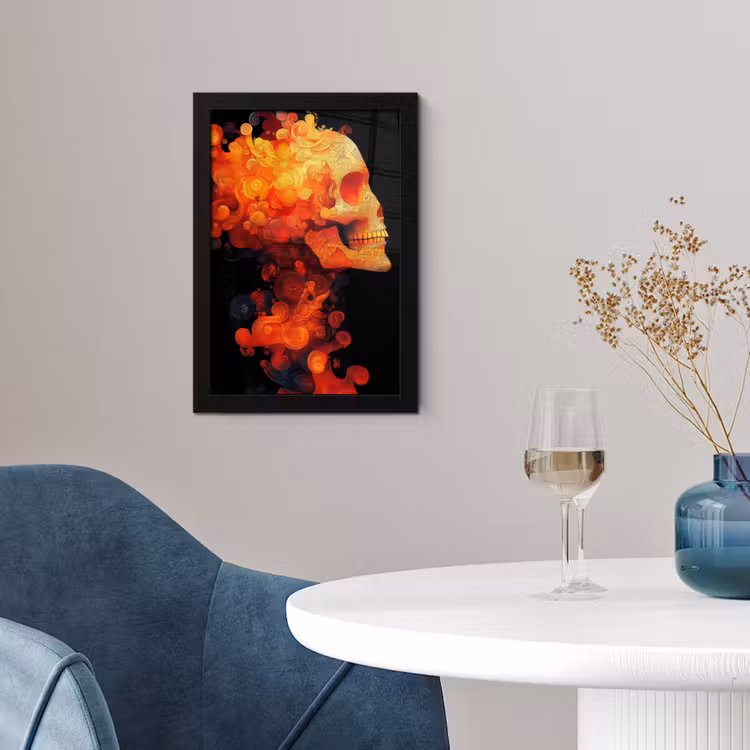 Schedel - Oranje - Zijaanzicht - Vlammen fotolijst zwart zonder passe partout klein -sfeer4