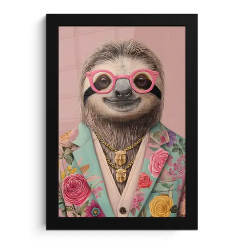 Luiaard - Bloemenprint - Bril - Roze fotolijst zwart zonder passe partout klein -3d