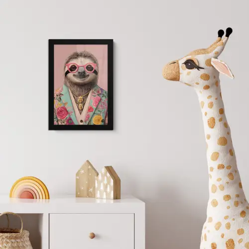 Luiaard - Bloemenprint - Bril - Roze fotolijst zwart zonder passe partout klein -usfeer4_kinderkamer