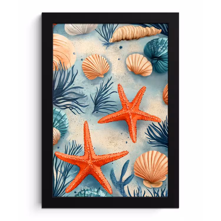 Zeesterren - Schelpen - Illustratie - Zand fotolijst zwart zonder passe partout klein -3d
