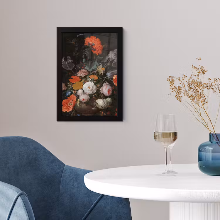 Stilleven met bloemen en een horloge - Schilderij van Abraham Mignon fotolijst zwart zonder passe partout klein -sfeer4