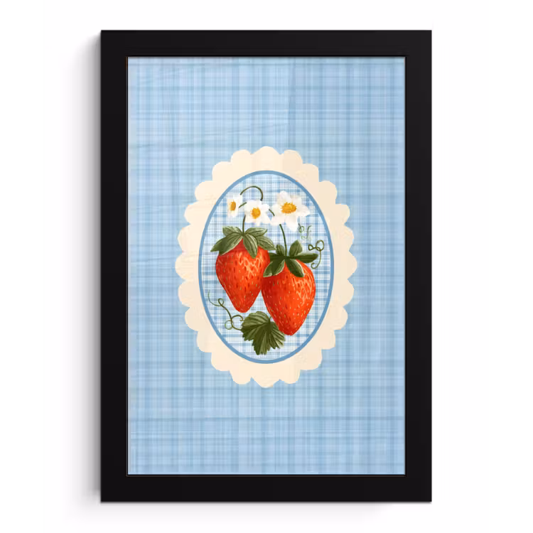 Aardbeien - Lijst - Rood - Geruit fotolijst zwart zonder passe partout klein -3d