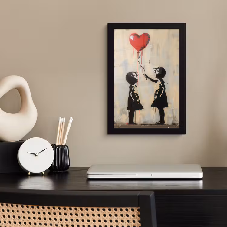 Street art - Banksy - Ballon - Graffiti - Retro fotolijst zwart zonder passe partout klein -sfeer1