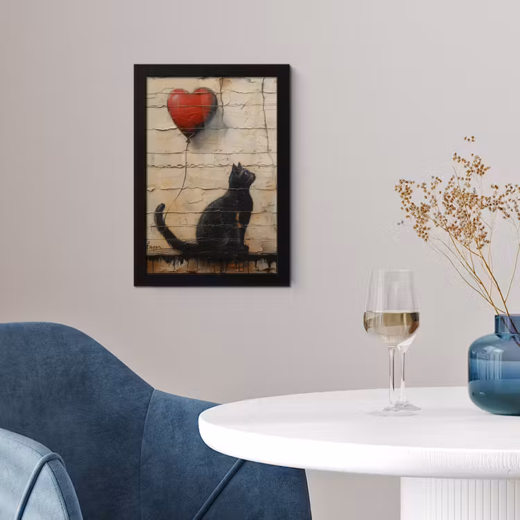 Street art - Kat - Ballon - Graffiti - Banksy fotolijst zwart zonder passe partout klein -sfeer4