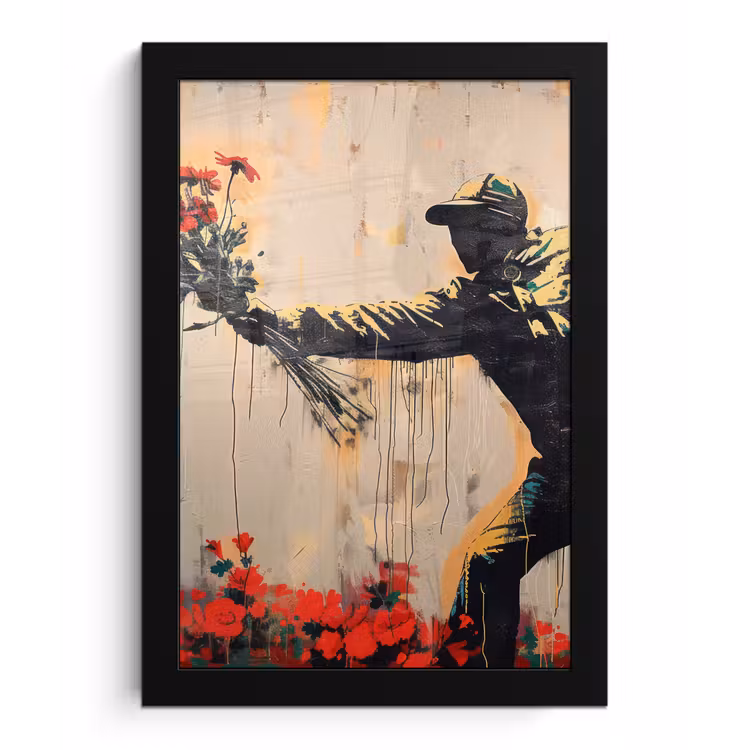Street art - Man - Bloemen - Rood - Graffiti - Banksy fotolijst zwart zonder passe partout klein -3d