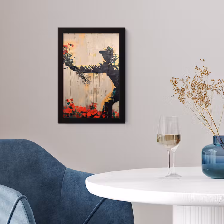 Street art - Man - Bloemen - Rood - Graffiti - Banksy fotolijst zwart zonder passe partout klein -sfeer4