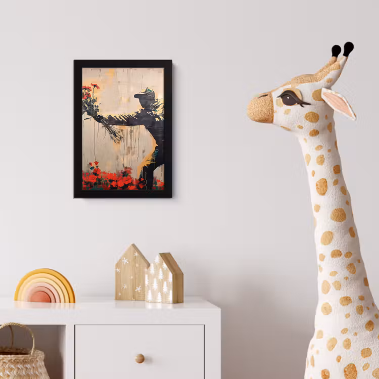 Street art - Man - Bloemen - Rood - Graffiti - Banksy fotolijst zwart zonder passe partout klein -usfeer4_kinderkamer