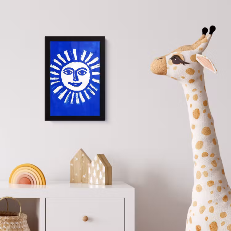 Zon - Gezicht - Penseelstructuur - Blauw fotolijst zwart zonder passe partout klein -usfeer4_kinderkamer