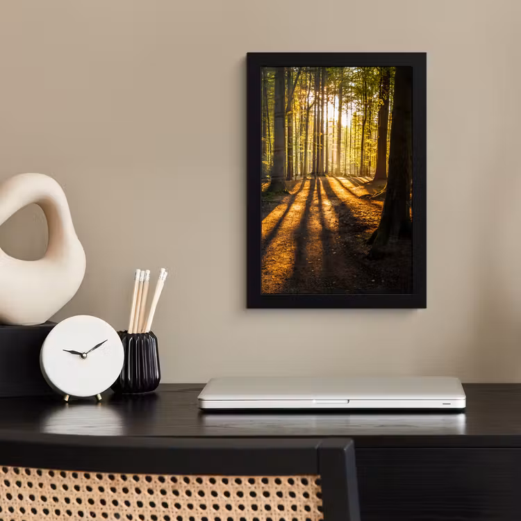 Zon - Bomen - Bos - Landschap - Natuur fotolijst zwart zonder passe partout klein -sfeer1