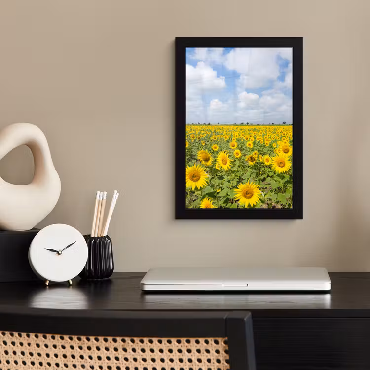 Zonnebloemen - Bloemen - Wolken - Natuur - Geel - Landschap fotolijst zwart zonder passe partout klein -sfeer1